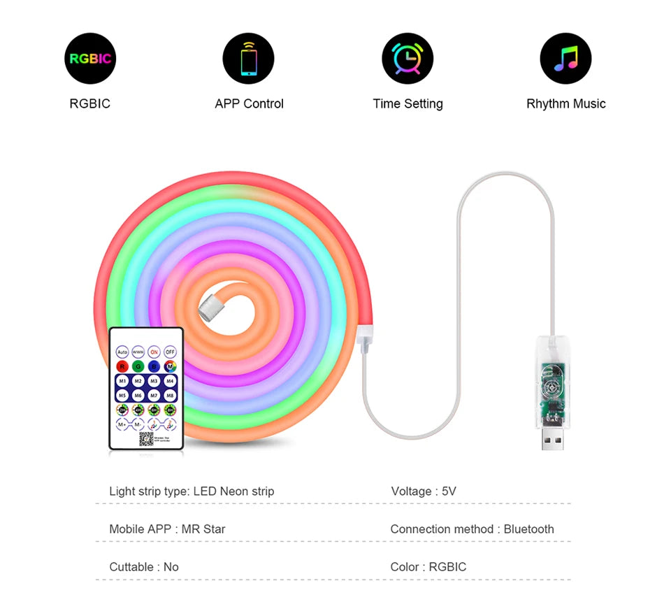 5V USB RGBIC Neon LED Strip – Smart DIY Lighting for Every Space