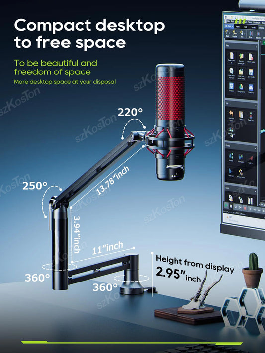 Low Profile Mic Arm – Adjustable Boom Stand with Cable Management & Riser