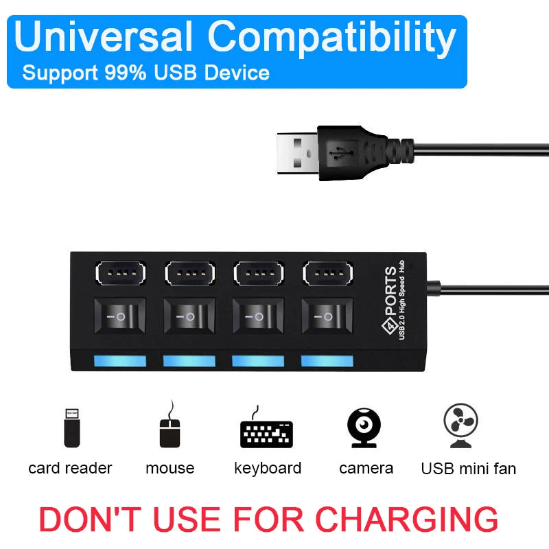 High-Speed USB 2.0 Hub with 4/7 Ports & LED Switch