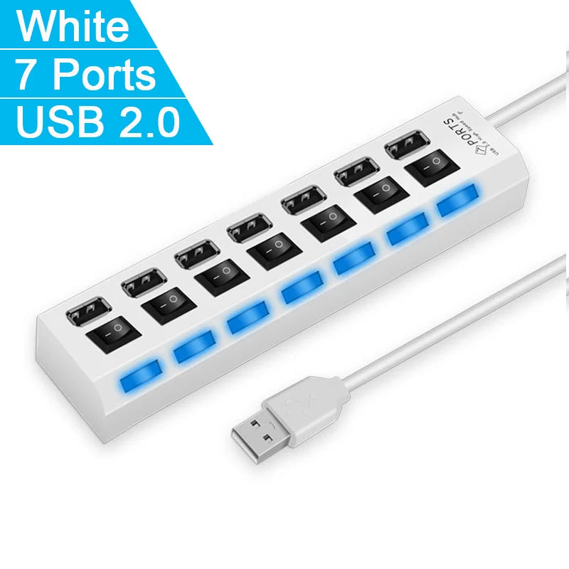High-Speed USB 2.0 Hub with 4/7 Ports & LED Switch