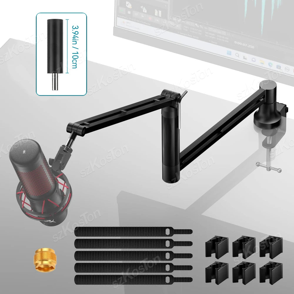 Low Profile Mic Arm – Adjustable Boom Stand with Cable Management & Riser