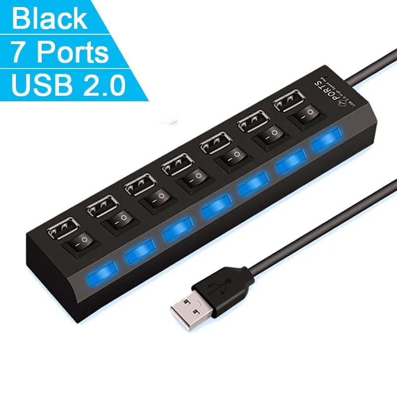 High-Speed USB 2.0 Hub with 4/7 Ports & LED Switch