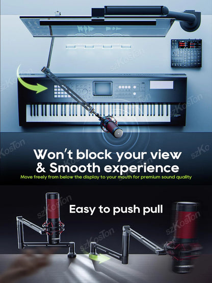 Low Profile Mic Arm – Adjustable Boom Stand with Cable Management & Riser