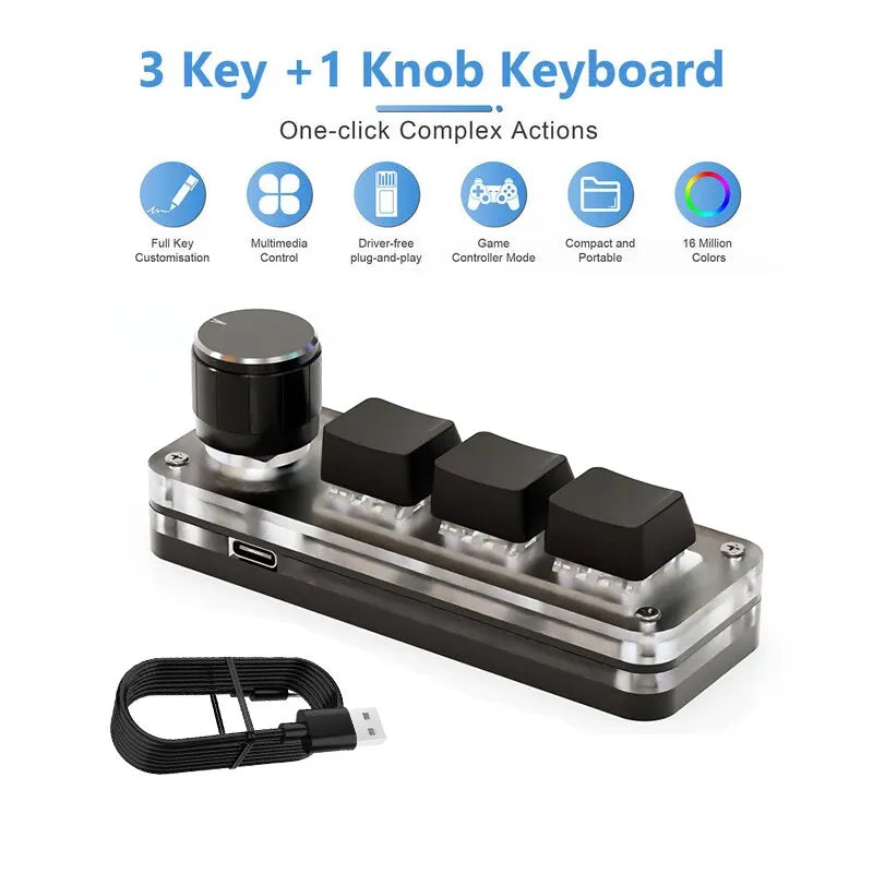 3-Key Programmable Macropad – RGB, Knob, Red Switch