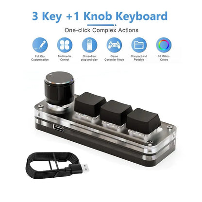 3-Key Programmable Macropad – RGB, Knob, Red Switch